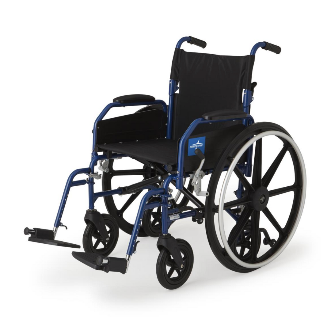 The Medline Hybrid 2 Transport Wheelchair is blue and black, has large rear wheels, smaller front wheels, a cushioned seat, removable arms and footrests. It’s designed to display both sides and the front for optimal comfort and convenience.
